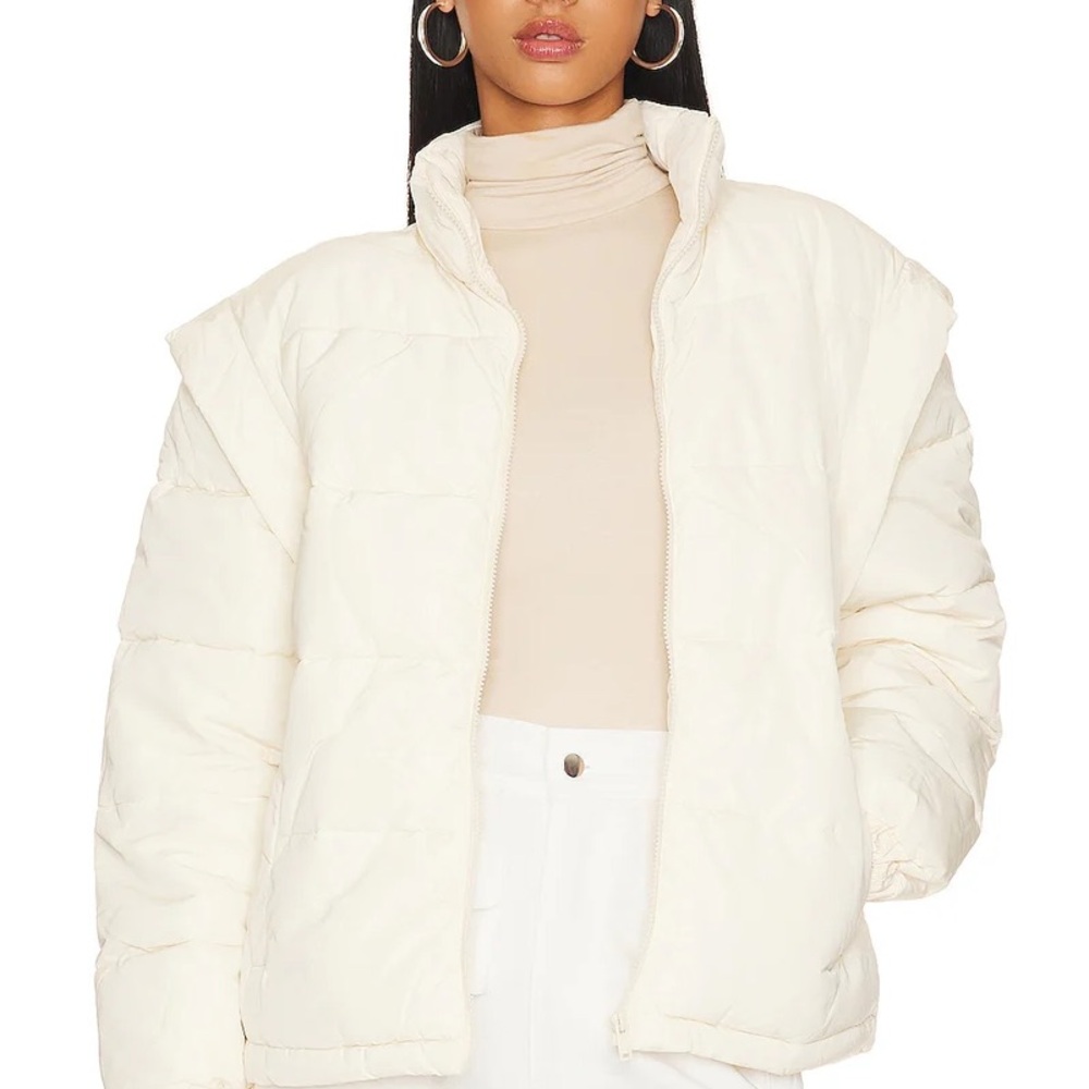 Women's Cream Puffer Jacket with Snap Off Sleeves